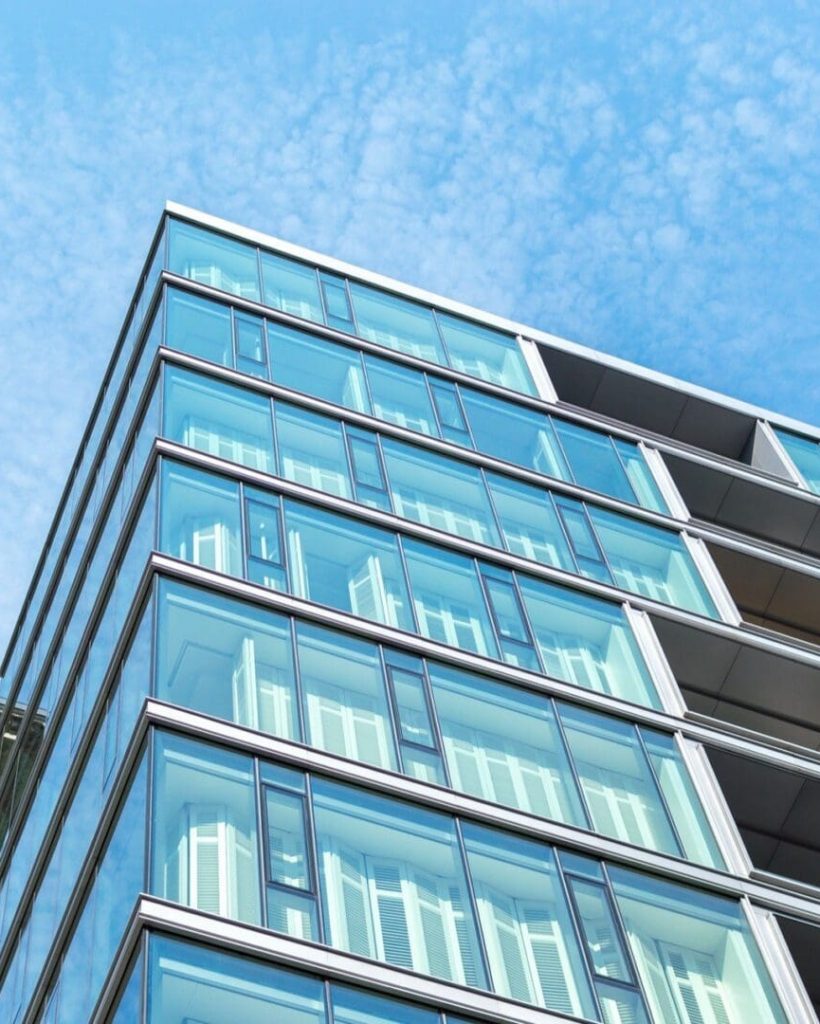 Modern condo buildings with huge windows in Montreal downtown, Canada.